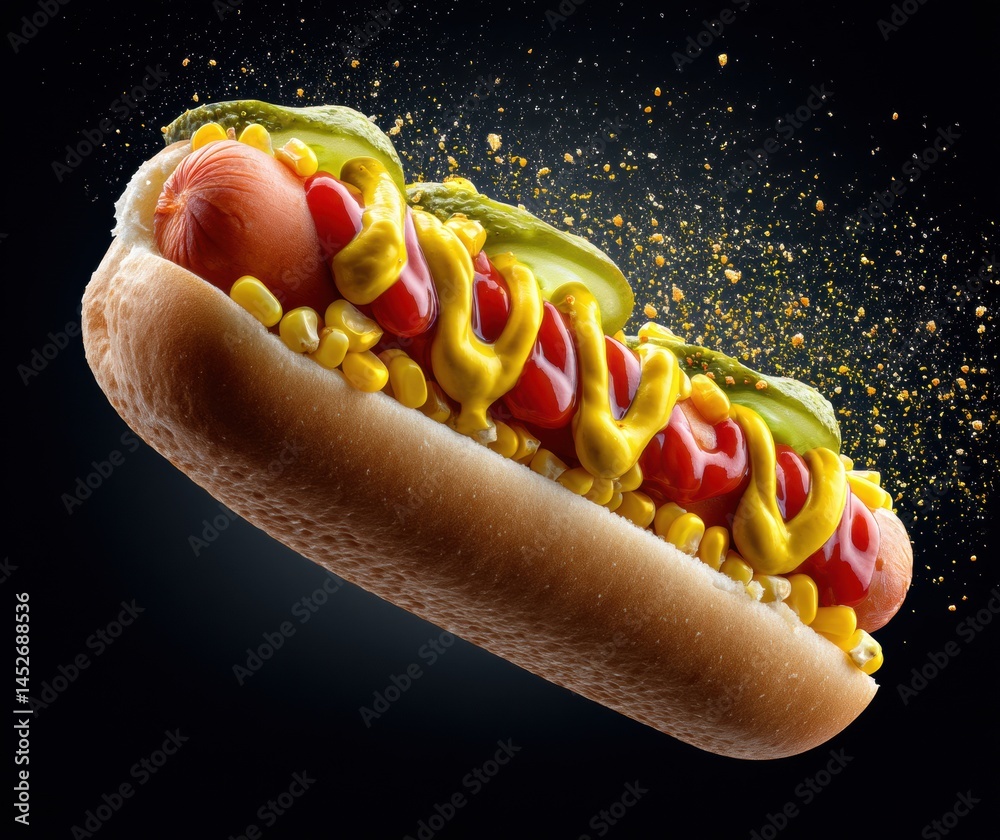 Aufkleber culinary motion art levitating gourmet hot dog with dynamic gold particle splash - innovative food f