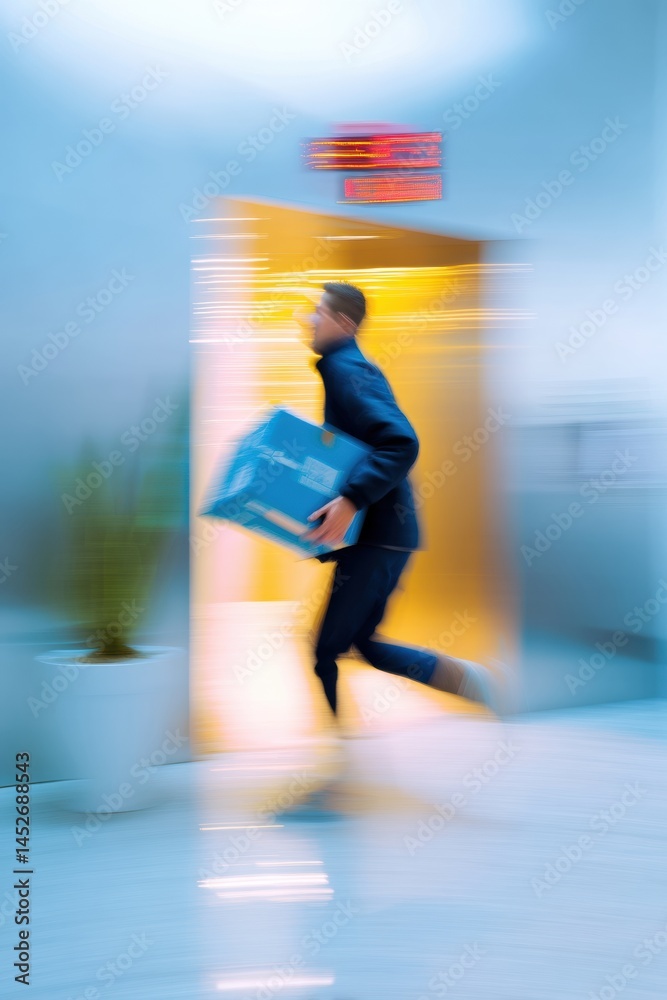 Poster Hyper-Mobility Gen Z Professional Dynamic Motion Blur Office Transit with Smart Cardboard Logistics - Future of Agile Workplace Performance
