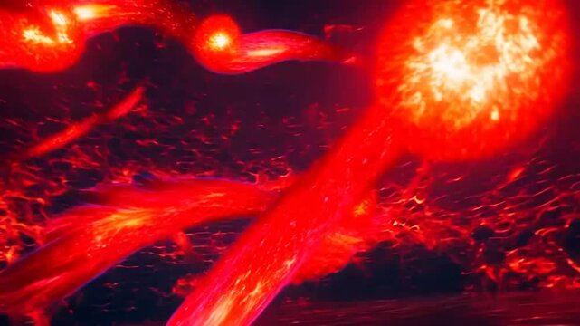 Red energy flow, atom splitting, thermonuclear reaction, pulsing plasma prominences 3D render, VJ loop for DJ nightclub