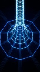 Futuristic abstract tunnel with glowing neon blue grid lines on black background. Ideal vertical tech background for cyber, digital, or sci-fi themed designs.