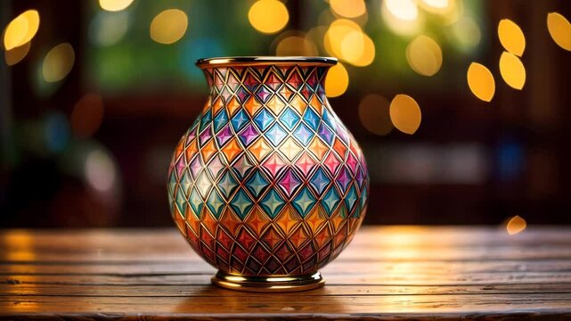 Bright Geometric Patchwork Vase with Colorful Tiles, Artistic Ceramic Decor, Warm Bokeh