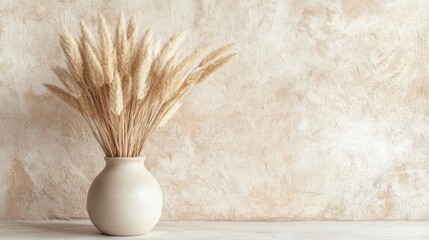 Beige Pampas Grass in a Ceramic Vase Against a Textured Wall