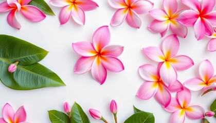 Fototapeta premium Delicate pink frangipani blossoms arranged flat lay on a light background, postcard style, photography, fragrance