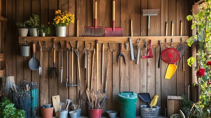 Man's arm takes lawn and leaf rake off wooden wall with various hanging DIY garden tools inside shed. Tools include shovel, hammer, fork, trowel, spirit level measure, saw etc. 