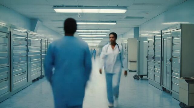 360-degree timelapse chaotic hospital hallway, healthcare professionals organized chaos, stretchers, wheelchairs, patients, urgent, medical urgency, real-time blur effect, cinematic 4k