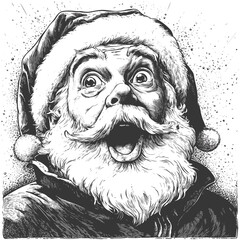 Santa Claus amazed expression, vintage woodcut vector, retro sketch style, hand drawn Christmas icon, traditional holiday art, monochrome line illustration, festive season figure