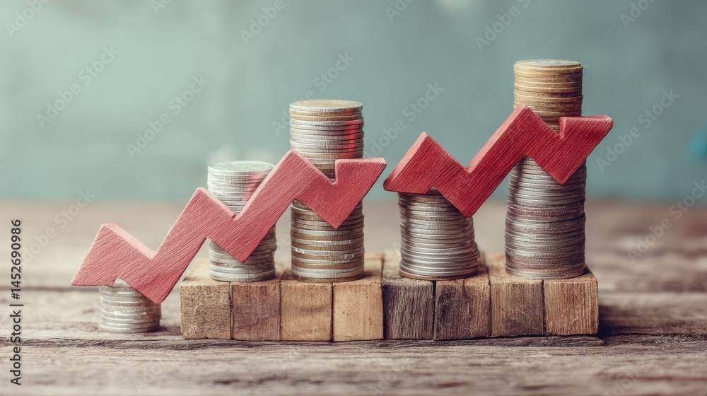 Aufkleber Minimalist Financial Volatility Visualization Stacked Silver Coins with Dynamic Red Market Trend Arrows on Rustic Wooden Blocks - Investment Strategy and Economic Insight Imagery