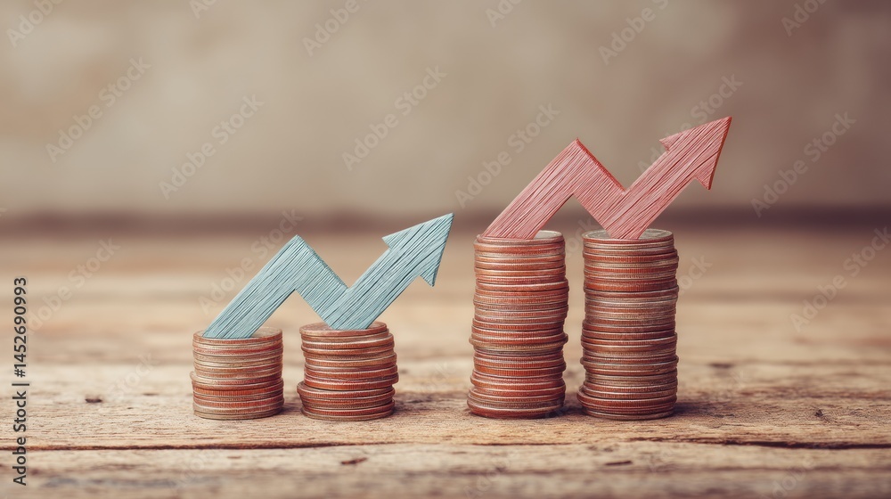 Poster dynamic financial growth minimalist investment visualization with stacked copper coins and trending 