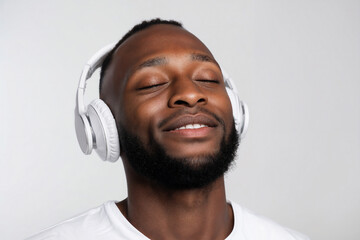 Smiling Man Enjoying Music with Headphones, isolated white background