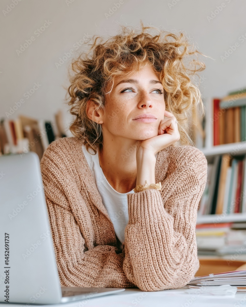 Poster mindful learning aesthetics gen z knowledge worker in cozy knit, soft contemplative workspace with t