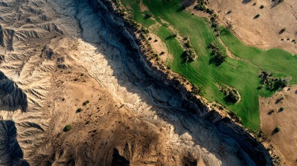 dramatic top-down view of terrain, sharp divide between green fields and dry, sandy wasteland