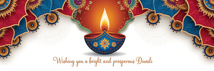 Happy Diwali Illustration Featuring Luxurious Deep Blue Gold Diya Lamp Glowing Flame Intricate Mandala Patterns Vibrant Red Blue Gold Tones on White Background for Festive Greeting Cards Invitations