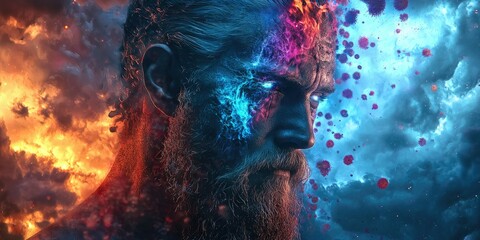 Obraz premium Glitchcore Viking face split: one half shows intense calm as storm clouds flash, the other a riot of neon spores and bioluminescent decay.