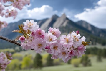 Obraz premium Pink Blossom Tree Branch with Mountain Background