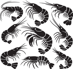Simple shrimp silhouette vector set, shrimp fish icon art on a white background