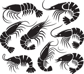 Simple shrimp silhouette vector set, shrimp fish icon art on a white background