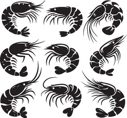Obraz premium Simple shrimp silhouette vector set, shrimp fish icon art on a white background