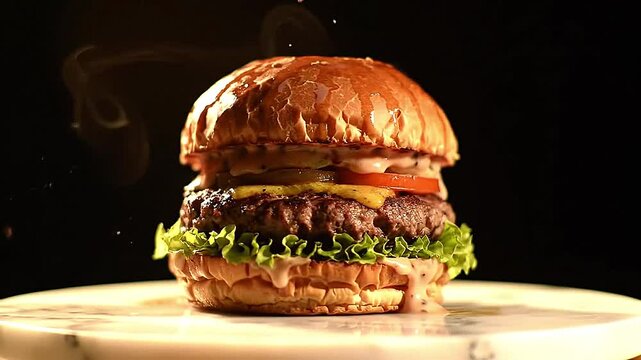 Elegant 360-degree rotation of a gourmet burger on a marble base, golden hour-style cinematic lighting