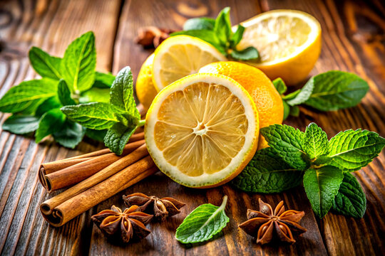 Fresh citrus and spice arrangement on rustic wood. Generative AI - Powered by Adobe