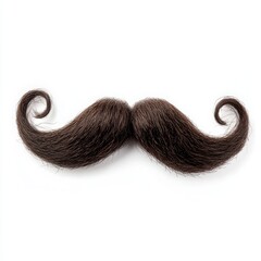 Close up of a dark brown mustache with curled ends on white surface