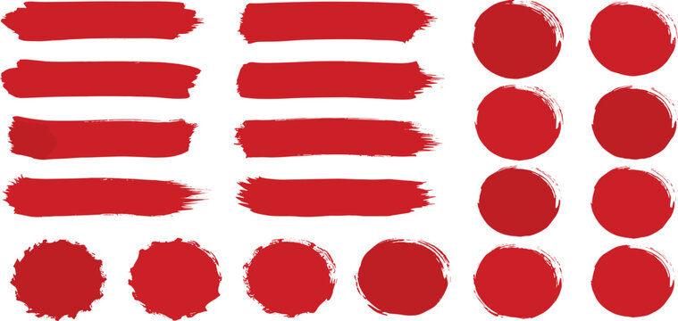 Straight red ink vector lines pack. Bloody color long and round hand-drawn brushstroke text highlights, frames, circles