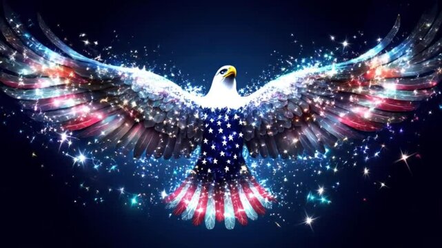 Patriotic eagle, wings spread, stars, dark background, 4th of July celebration