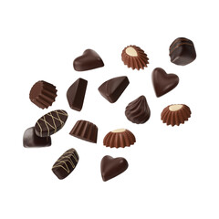 Various chocolate pralines suspended in midair isolated on transparent background