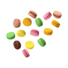 French macarons suspended in midair isolated on transparent background