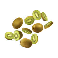 Sliced and whole kiwi fruits suspended in midair isolated on transparent background