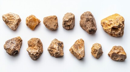 Set of coarse-grained desert stones in various sizes, white background