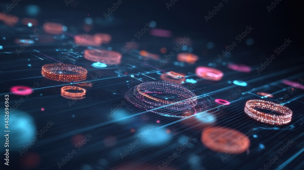 Aufkleber Immersive Digital Landscape Futuristic AI-Powered Network Visualization with Holographic Data Interfaces - Next-Gen Tech Innovation for Cybersecurity and Machine Learning