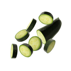 Zucchini slices suspended in midair isolated on transparent background