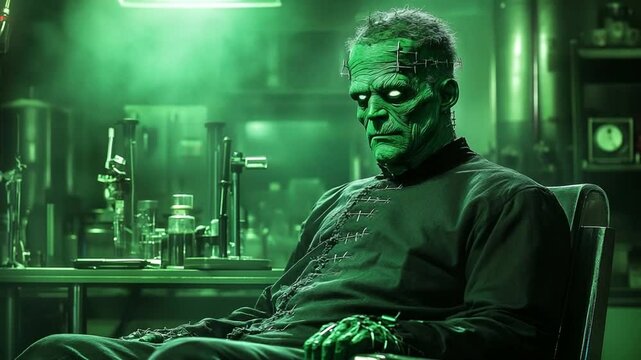 Frankensteins Monster Seated In A Dimly Lit Laboratory