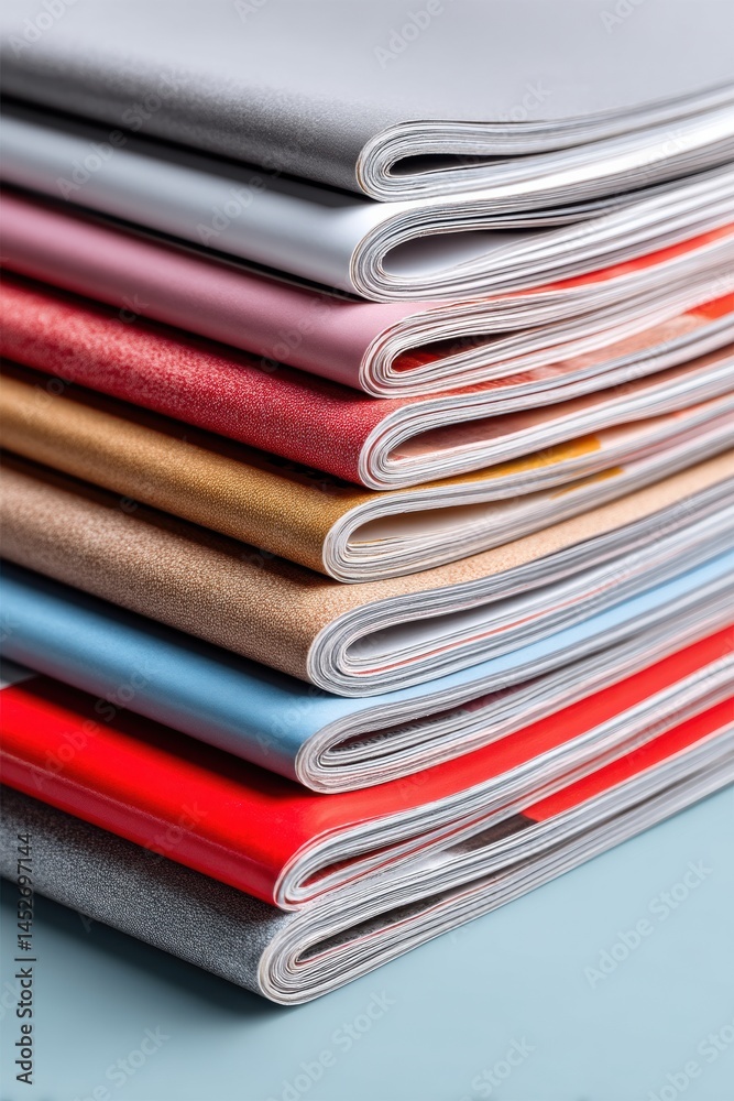 Poster chromatic journalism manifesto sleek metallic and vibrant magazine stack showcasing modern media div