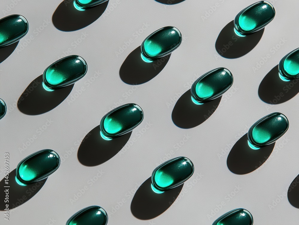 Poster Futuristic Nootropic Design Translucent Teal Cognitive Enhancement Capsules in Minimalist  Wellness Visualization for Precision Performance Optimization