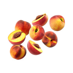 Whole and sliced peaches suspended in midair isolated on transparent background