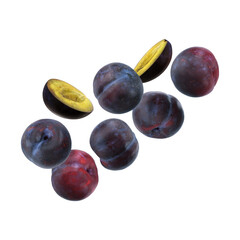 Whole and sliced plums suspended in midair isolated on transparent background
