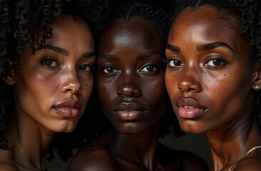 Three black women looking at camera. Young African American ladies. Different shades of dark skin for advertising foundations. African braids. Close-up of faces. Diversity Models for a cosmetic brand.