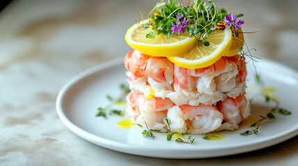 Delicate seafood tower with shrimp, crab, and lemon