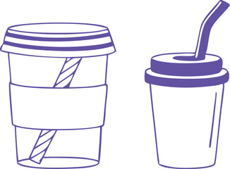 Minimalist Line Art of Reusable Coffee Cup and Takeaway Beverage Cup. Eco-Friendly Drinkware with Straws in Modern Purple Outline. Perfect for Sustainability and Themed Designs.