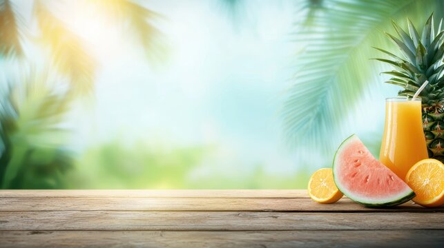 advertising Tropical fruit juice ad with fresh slices of watermelon, pineapple, and oranges on a wooden table.