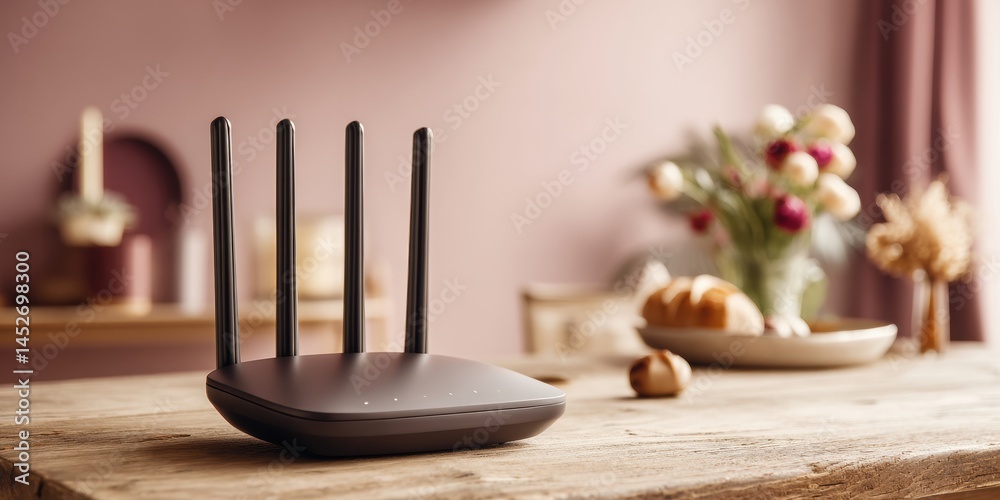 Poster Minimalist Home Connectivity Sleek Wi-Fi Router on Warm Woodgrain Surface - Elegant Smart Home Tech Transforming Digital Living Spaces
