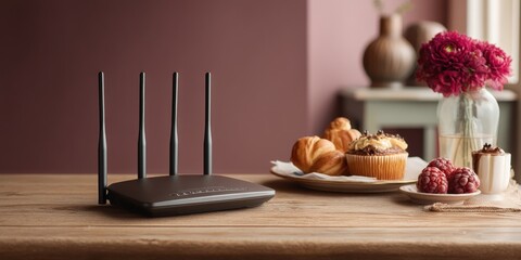 Obraz premium Hygge Home Tech Modern Wireless Router Enhancing Cozy Digital Lifestyle with Artisanal Bakery Aesthetic - Seamless Connectivity Meets Domestic Comfort