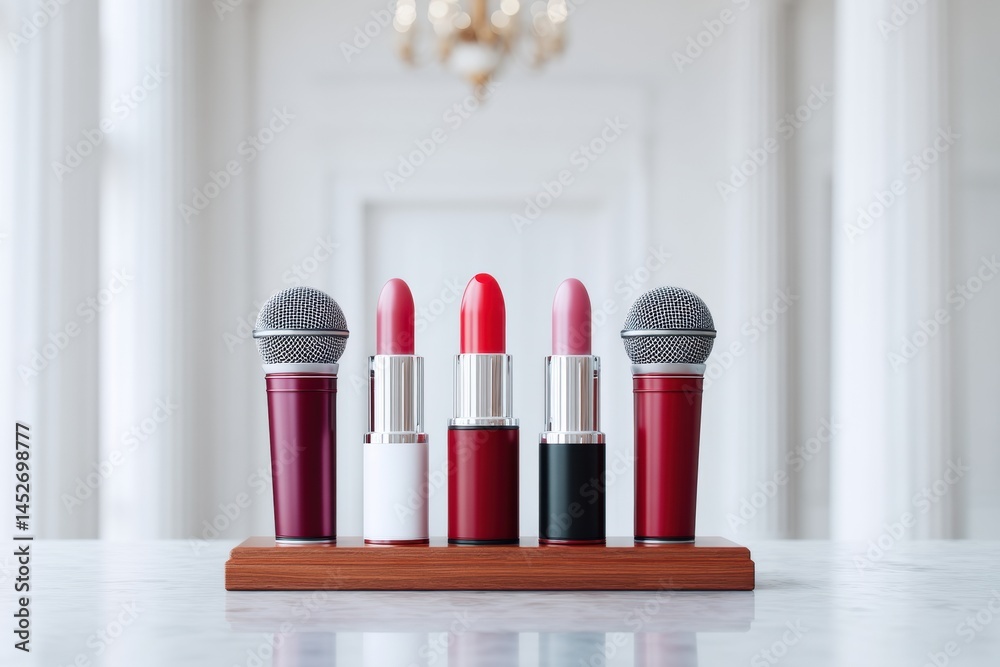 Poster minimalist brand voice elegant media communication concept with lipstick and microphones - contempor