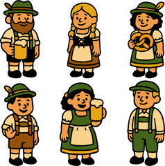 Six Oktoberfest-themed waitstaff characters in naive style, wearing traditional Bavarian clothing and holding beer mugs or pretzels. Perfect for holiday designs and folk celebration themes.