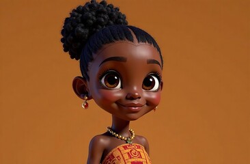Black girl cartoon character with big eyes with her African natural hair shining under sunlight. Beauty and grace. National traditional attire and jewellery, accessories.