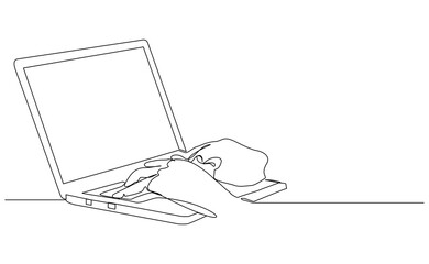 Continuous single line of hand fingers typing on laptop for business office work or social media concept. Editable stroke sketch drawing vector illustration	