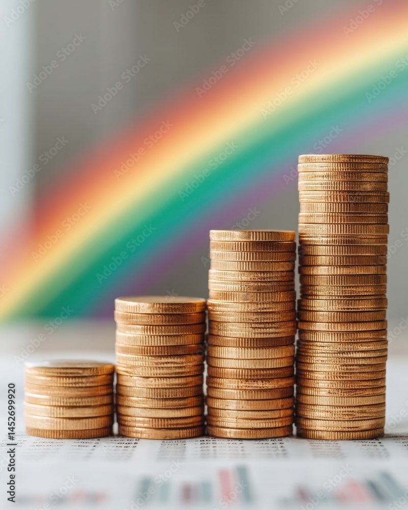 Poster optimistic financial growth ascending gold coin stacks with vibrant rainbow symbolizing diverse inve