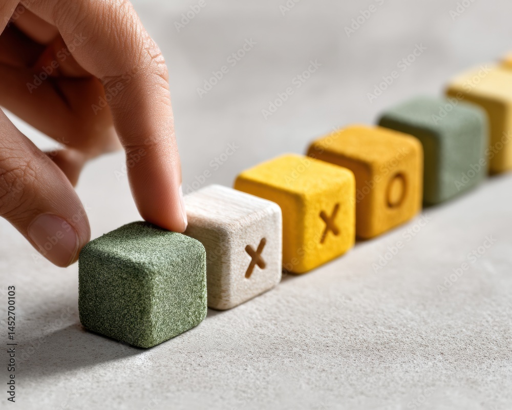 Poster Minimalist Decision Making Tactile Wooden Blocks Showcasing Strategic Choice Dynamics in Modern Business Innovation and Cognitive Selection Processes