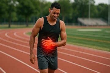 Fototapeta premium Athlete Experiencing Abdominal Pain While Running on Track
